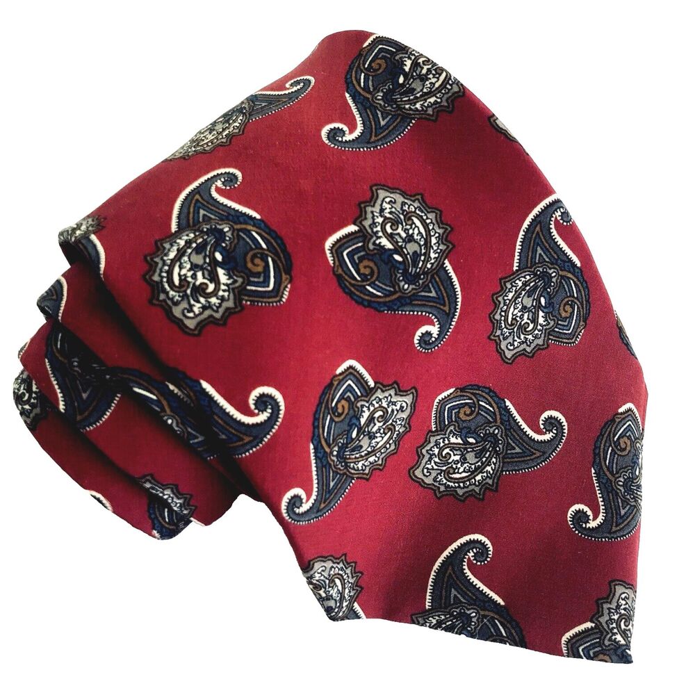 Oscar de la Renta Tie Vtg Paisley Floral Red Couture Import Silk USA Preppy Y2K